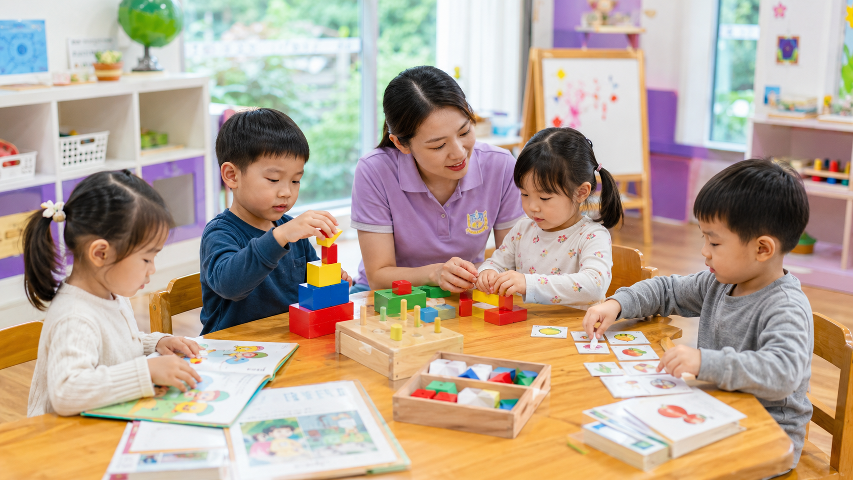 Giáo viên mầm non đồng hành cùng trẻ trong lớp học AMY School
