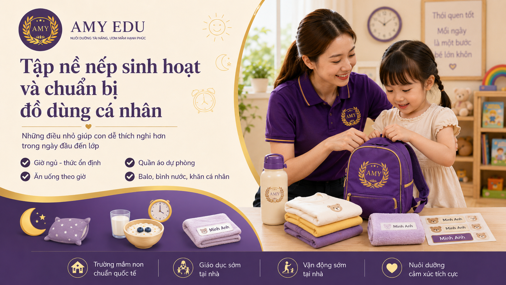 Tập nề nếp sinh hoạt và chuẩn bị đồ dùng cá nhân cho bé đi học mầm non tại AMY EDU
