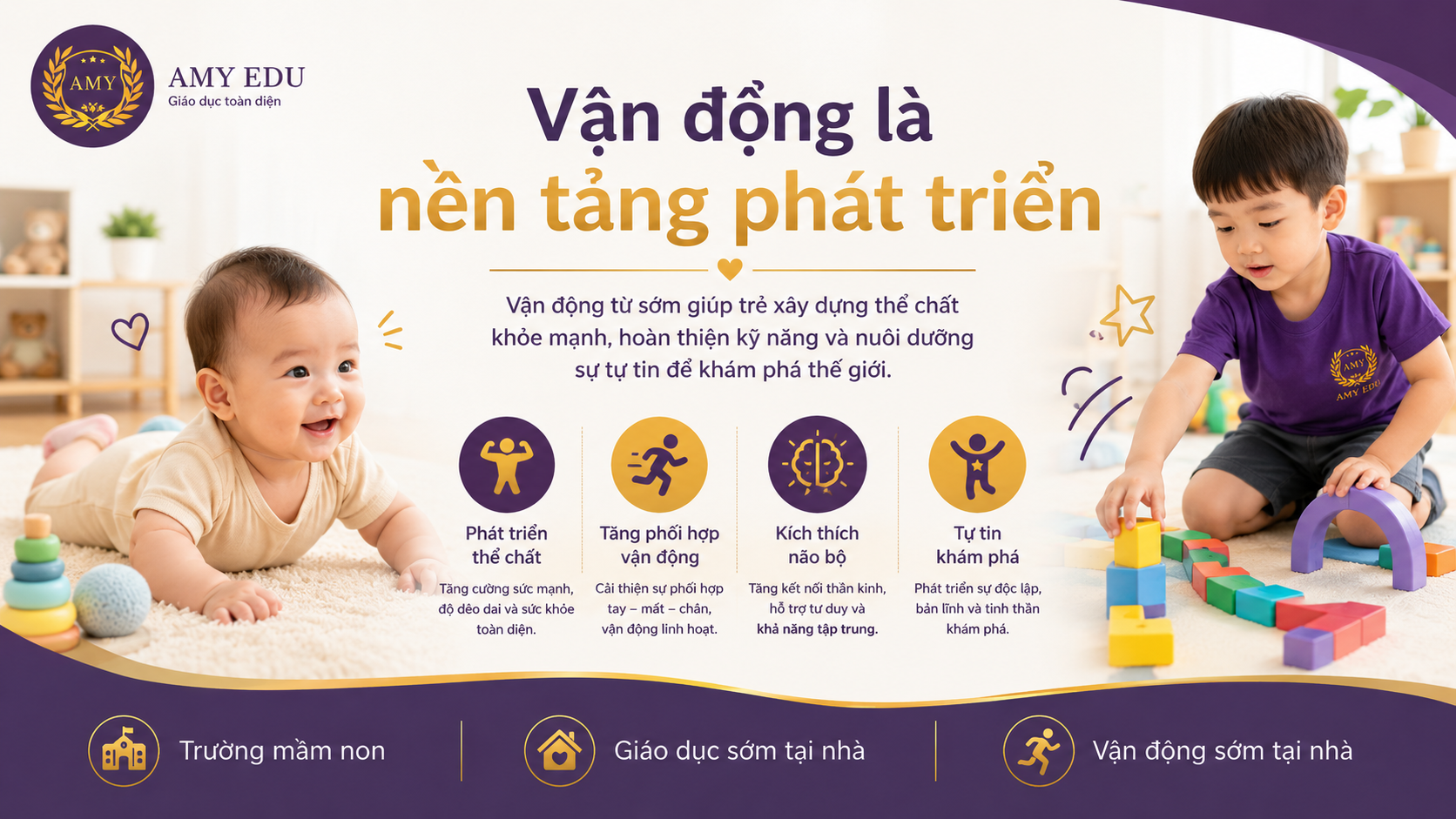 Vận động là nền tảng phát triển cho trẻ 0-6 tuổi tại AMY EDU