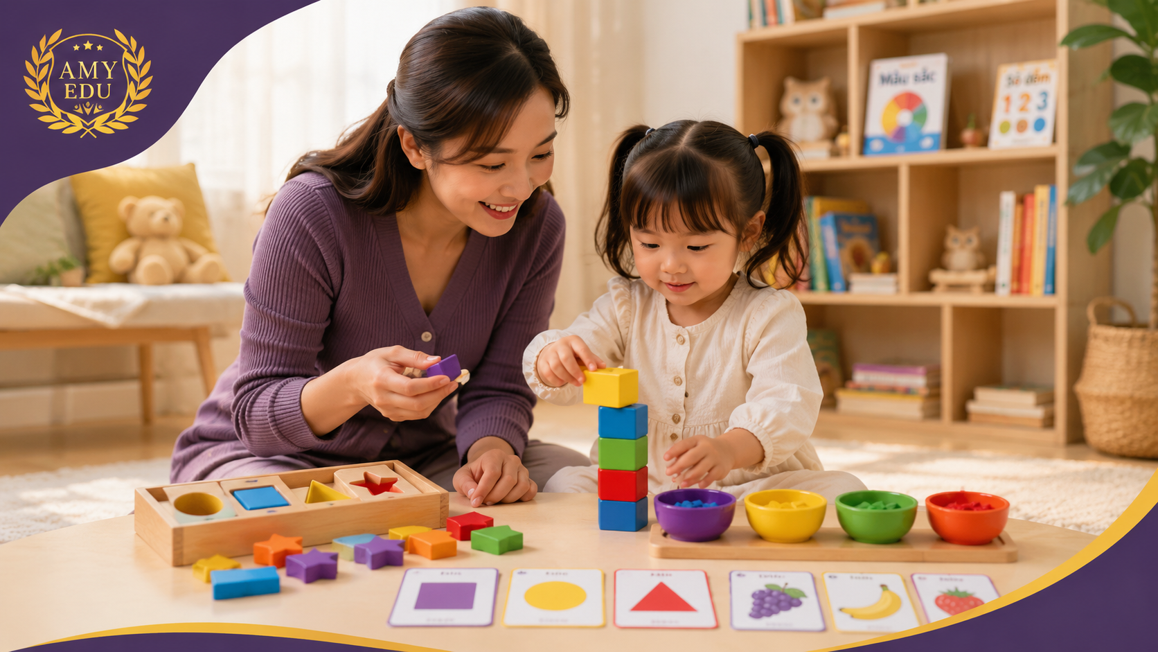 Xếp hình và phân loại màu sắc cho trẻ tại nhà cùng AMY EDU